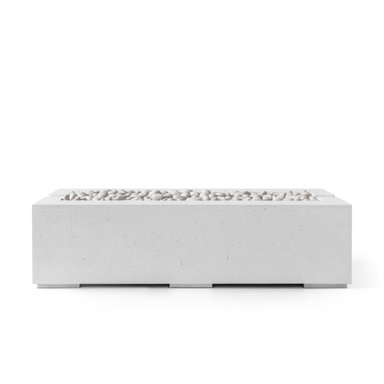 Rectangular concrete firepit with ivory beachstones and ash concrete finish