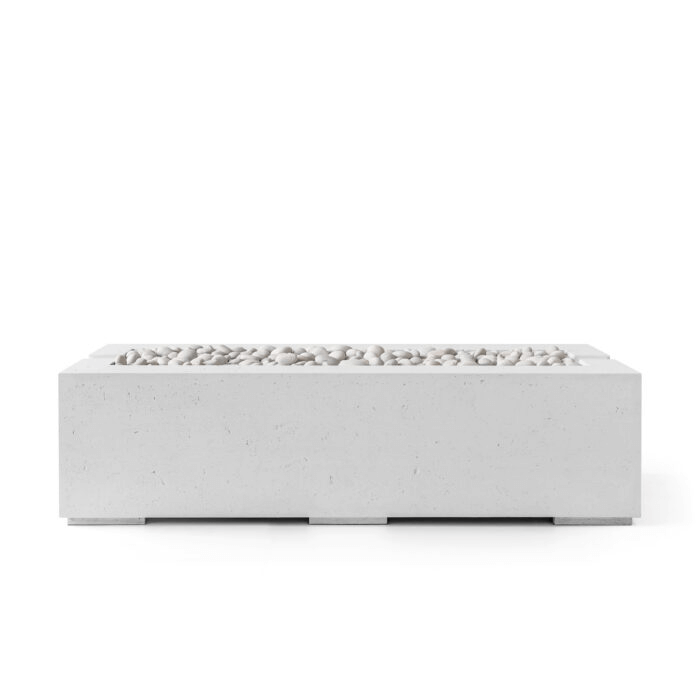 Rectangular concrete firepit with ivory beachstones and ash concrete finish