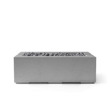 Rectangular concrete firepit with slate beachstones and charcoal concrete finish