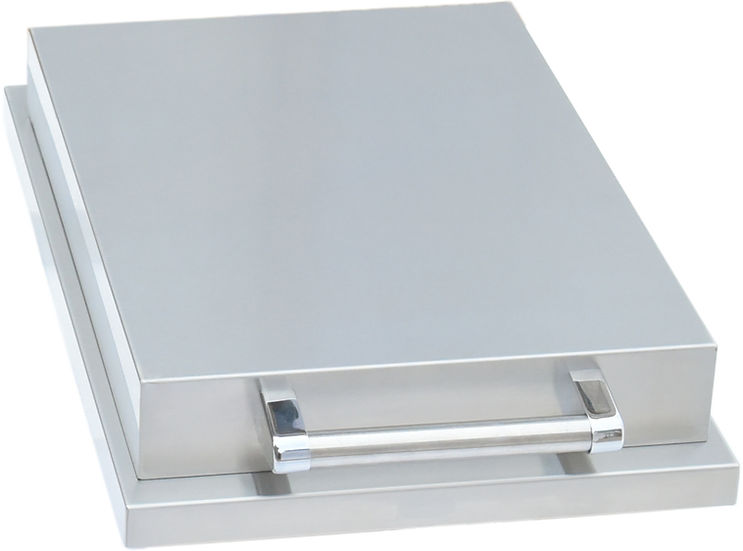 Stainless steel single side burner with handle on lid on a white background