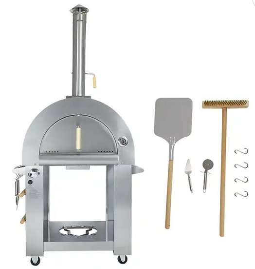 Stainless steel outdoor pizza oven with accessories on a white background
