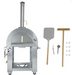 Stainless steel outdoor pizza oven with accessories on a white background