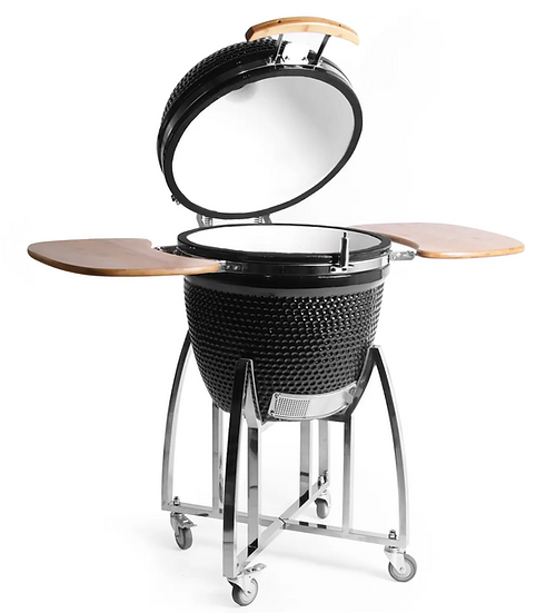 Black Kamado grill with wooden accents on a white background