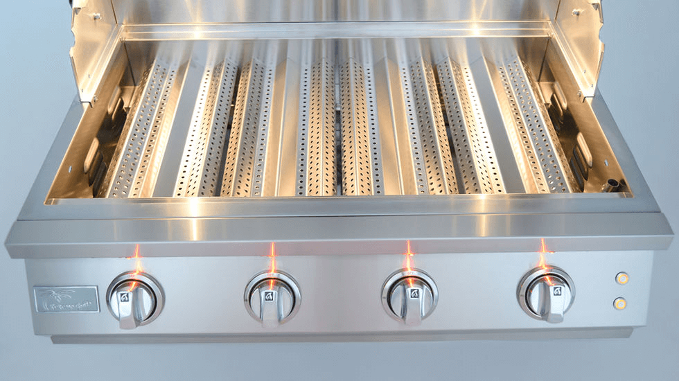 Stainless steel grill with four burners on a light gray background
