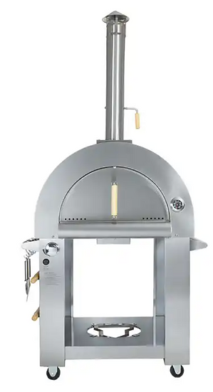 Stainless steel outdoor pizza oven on a white background