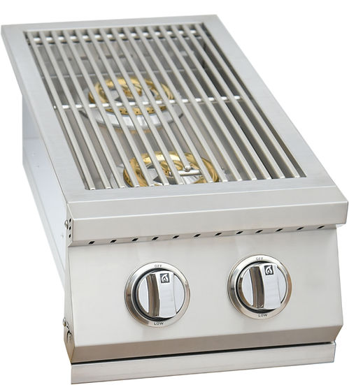 Double side burner shown with no lid and clear knobs
