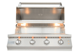 Stainless steel grill with four control knobs on a white background