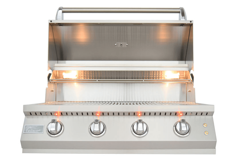 Stainless steel grill with four control knobs on a white background