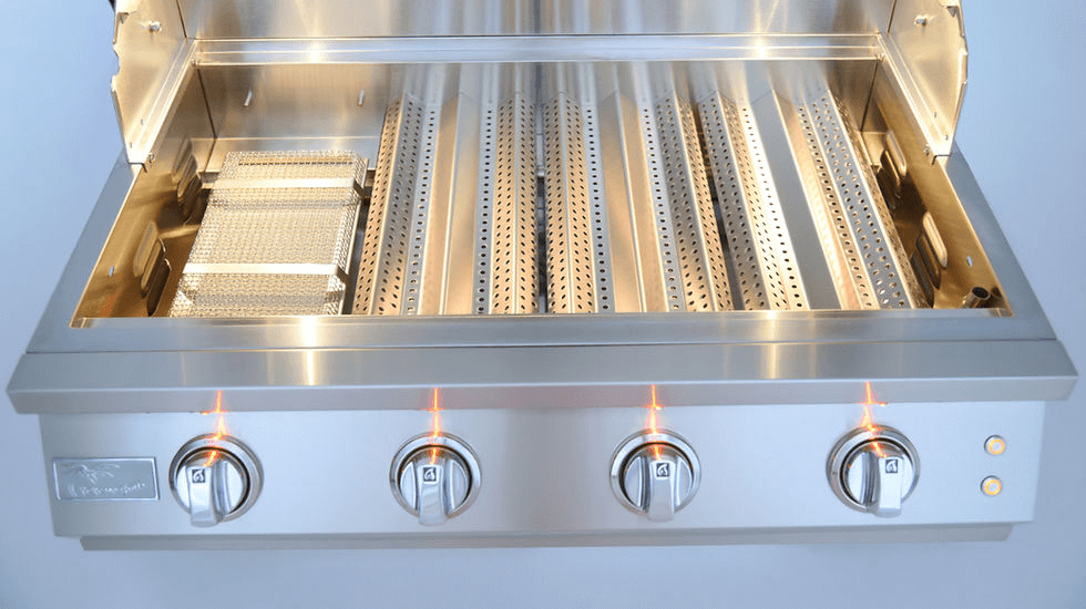 Stainless steel grill with four burners on a light gray background