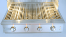Stainless steel grill with four control knobs on a light blue background