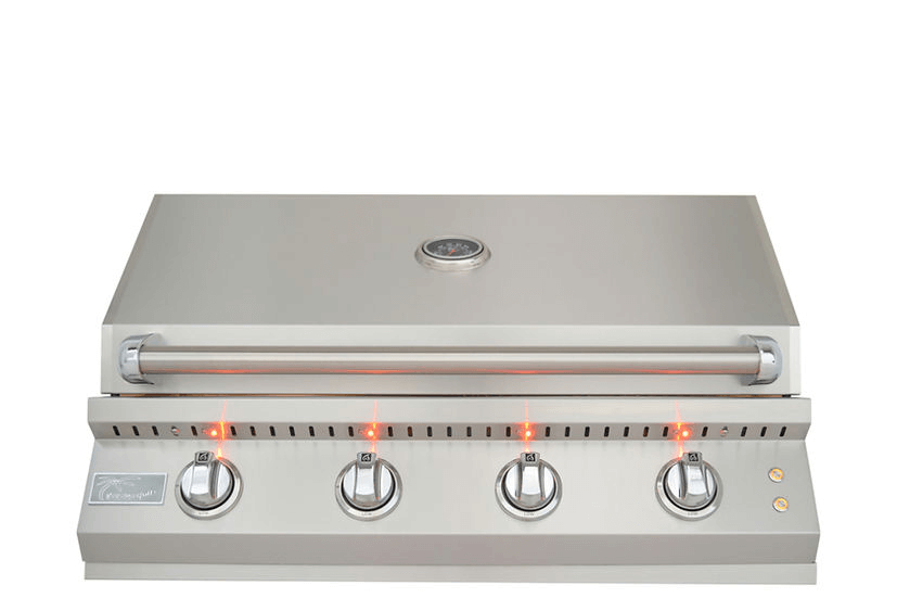 Stainless steel grill with visible burners on a white background