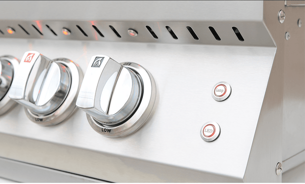 Illuminated control knobs and hood-mounted temperature gauge on Kokomo Grills, designed for easy temperature management while grilling.