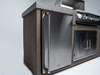 Stainless steel kitchen appliance with textured brown base on a light gray background