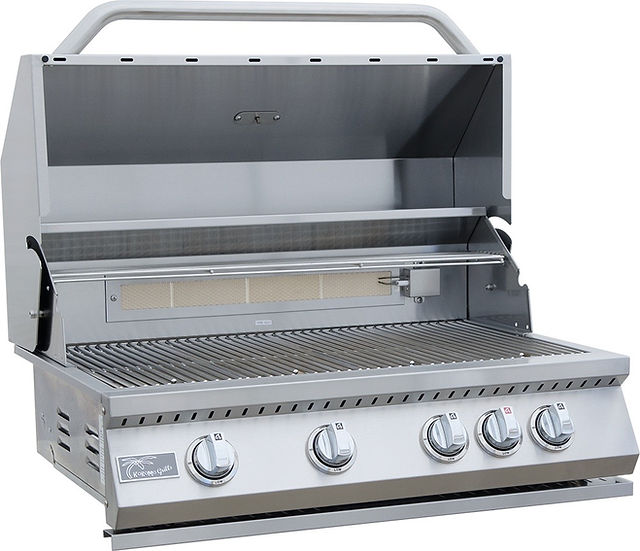 Stainless steel grill with four control knobs on a white background