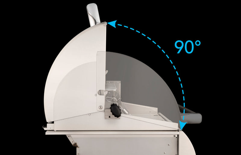 White pizza oven with a 90-degree angle indicator on a black background