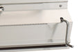 Close-up of a white appliance with a metal handle on a white background