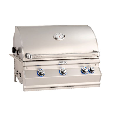 Stainless steel grill with 'Aurora' branding on a white background