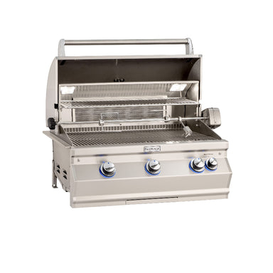 Stainless steel grill with three control knobs on a white background