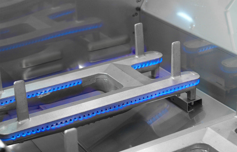 Close-up of a metallic grill with blue LED lighting inside an oven.