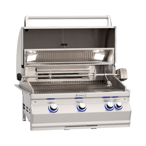 Stainless steel grill with visible brand name on a white background