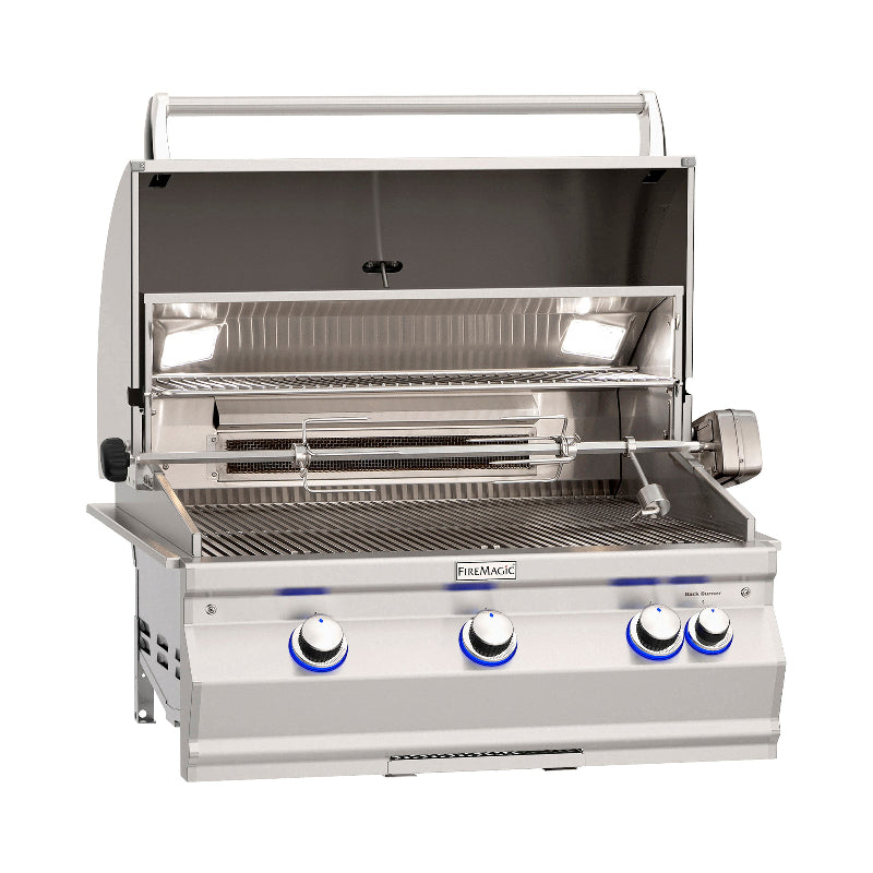 Stainless steel grill with visible brand name on a white background