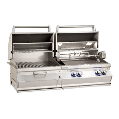 Stainless steel grill with multiple burners on a white background