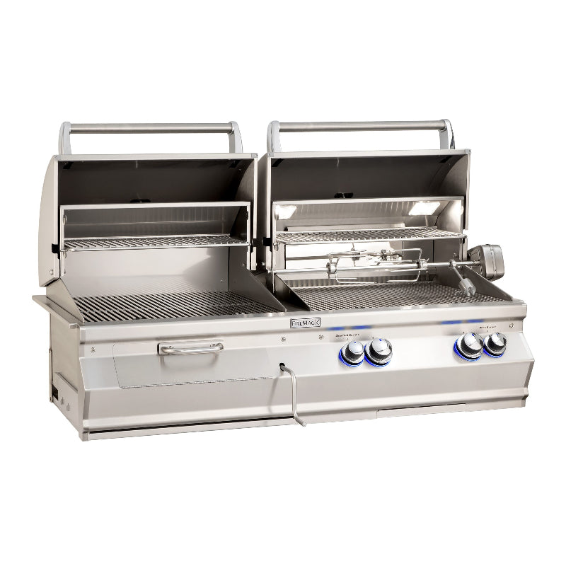 Stainless steel grill with multiple burners on a white background