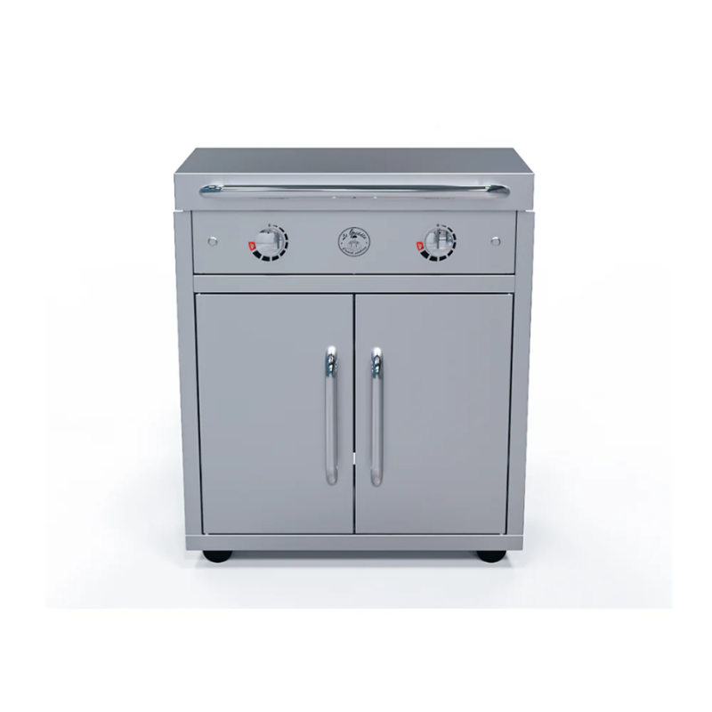 Stainless steel outdoor kitchen grill with two doors on a white background