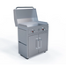 Stainless steel outdoor grill with lid open on a white background