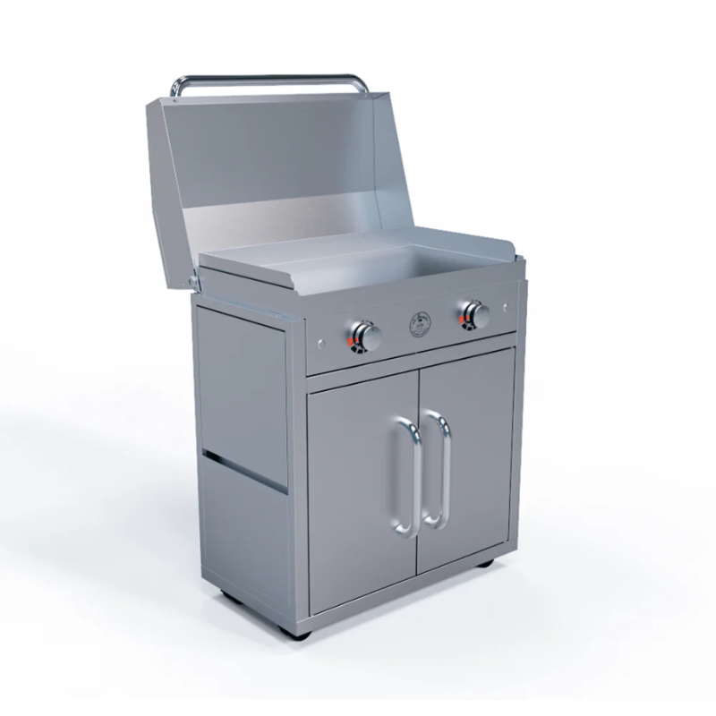 Stainless steel outdoor grill with lid open on a white background