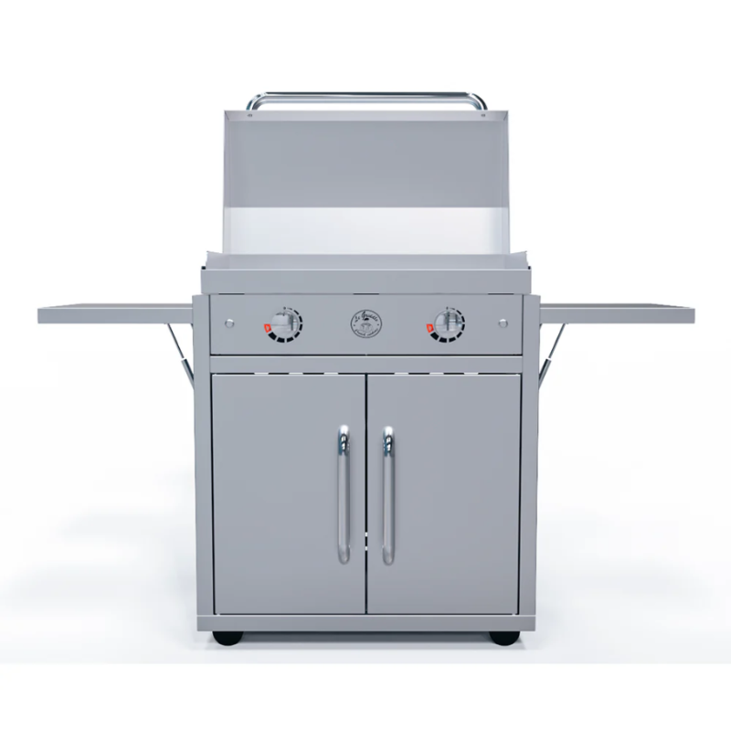 Stainless steel grill with two doors on a white background