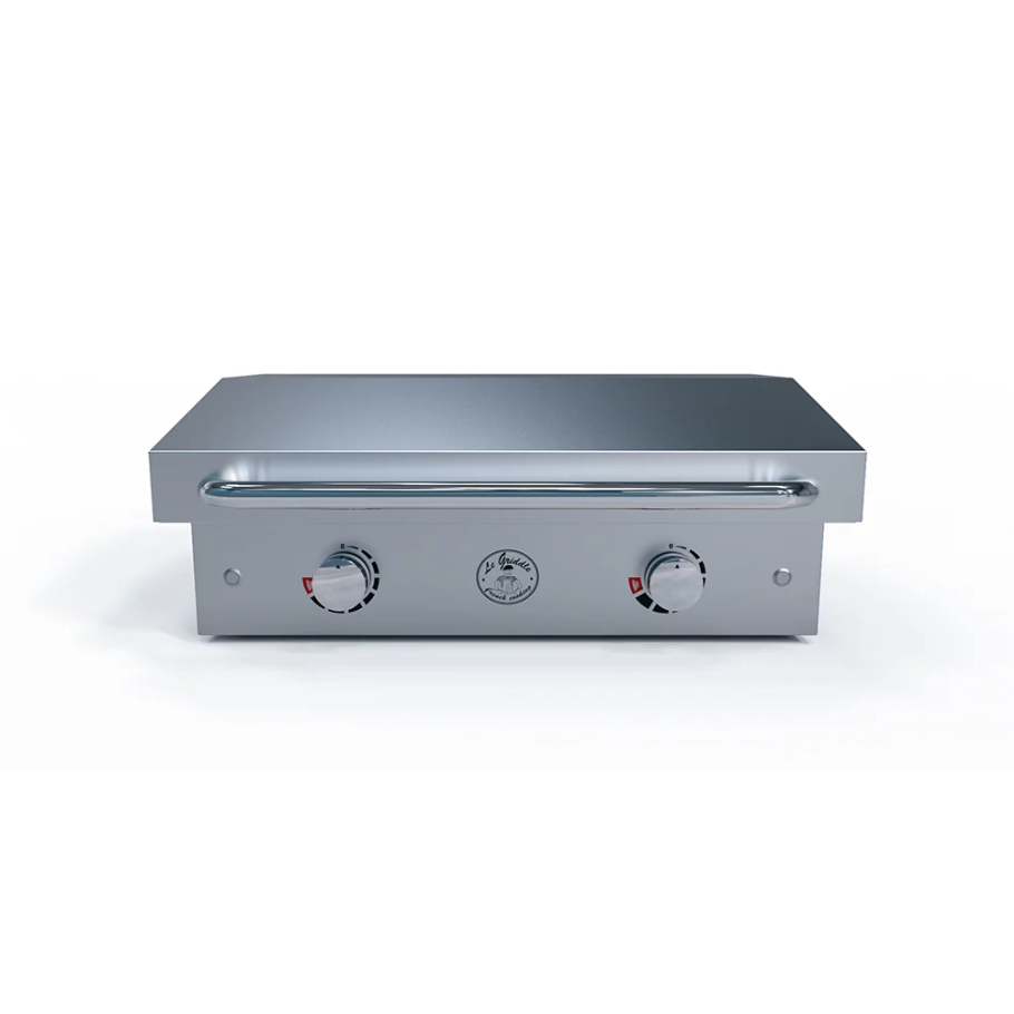 Stainless steel flat top grill on a white background