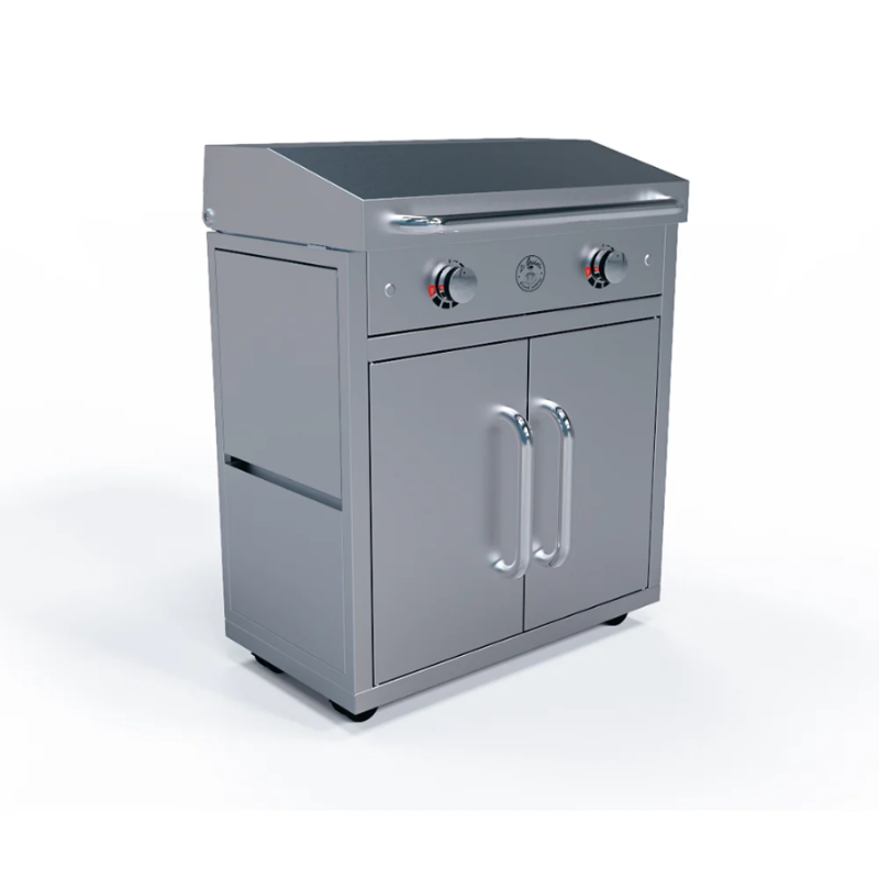 Stainless steel outdoor kitchen range with two doors and control knobs on a white background