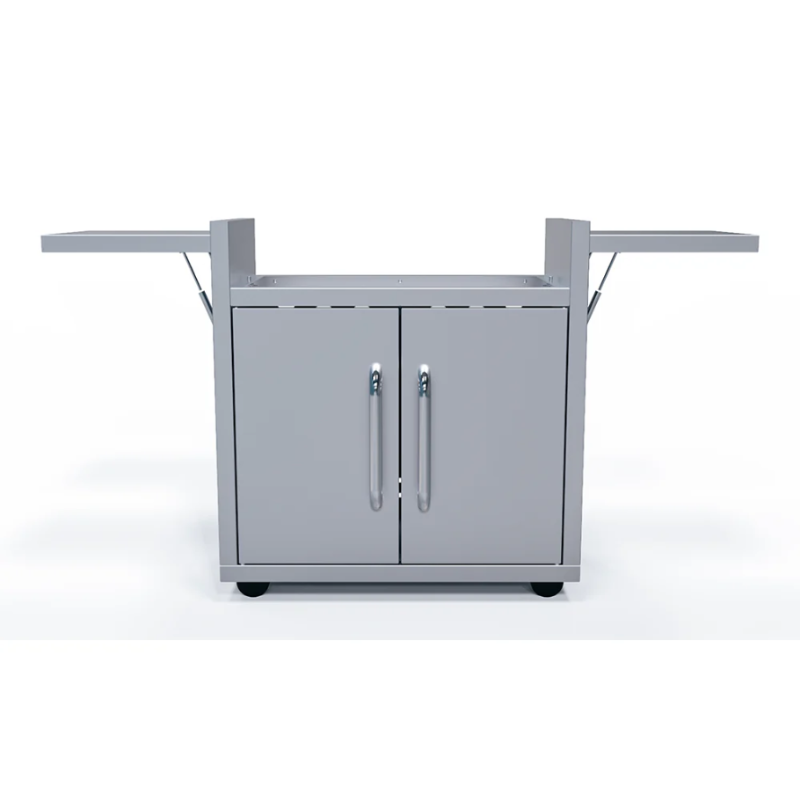 Gray outdoor kitchen cart with storage doors on a white background