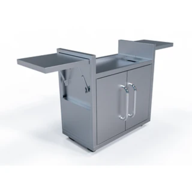 Gray outdoor kitchen cabinet with drawers and doors on a white background