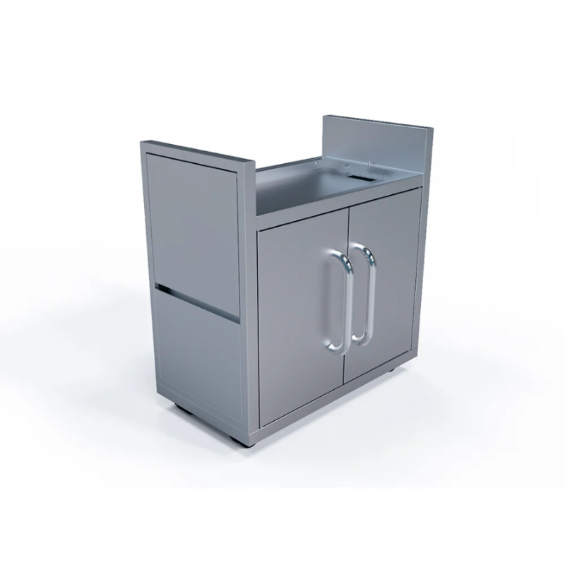 Metallic griddle stand with cabinet on a white background