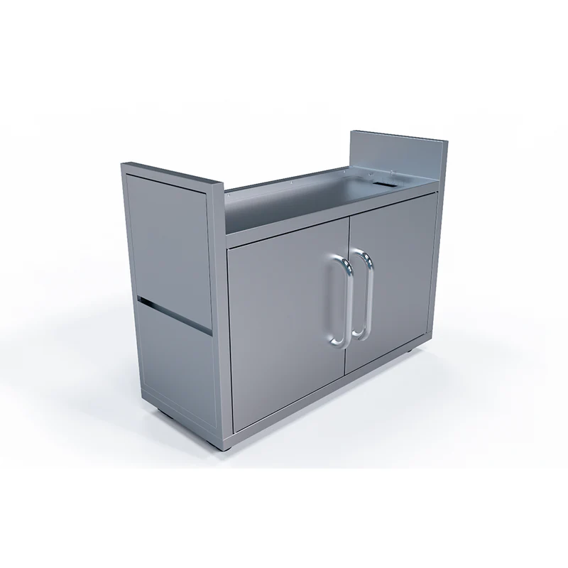 Stainless steel outdoor kitchen cabinet with sink on a white background