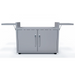 Gray outdoor kitchen cart with cabinets and a grill on a white background