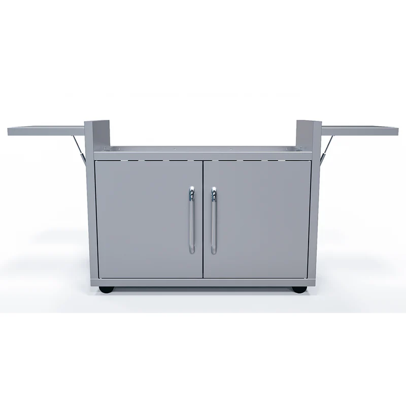 Gray outdoor kitchen cart with cabinets and a grill on a white background