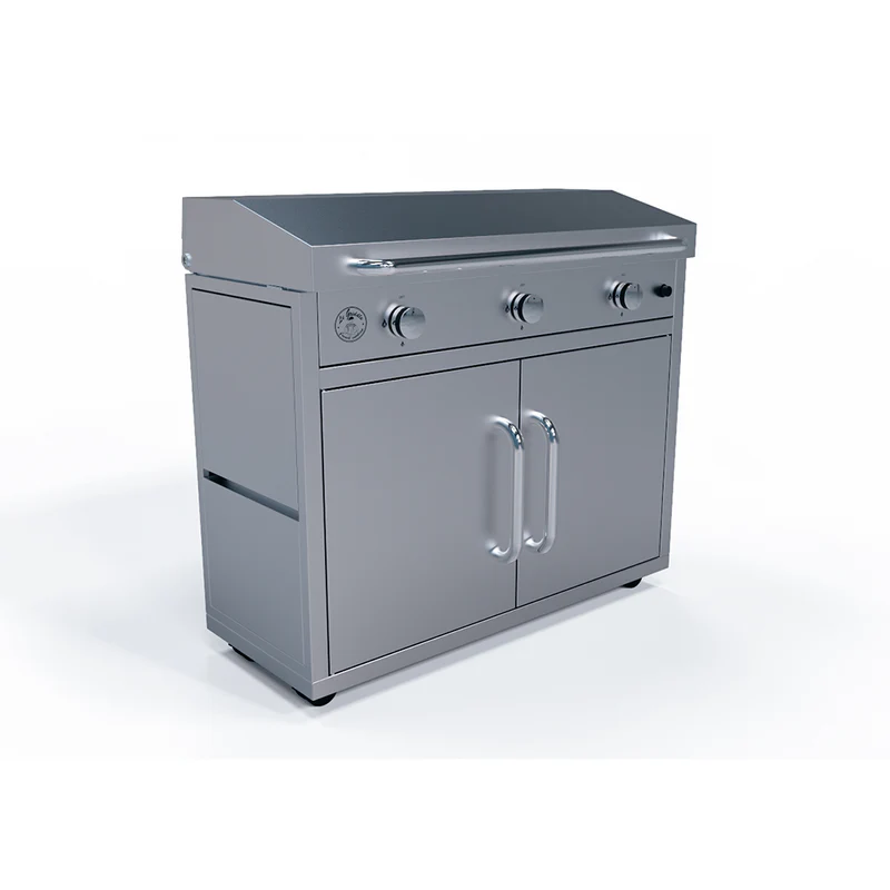 Stainless steel outdoor grill with cabinet on a white background