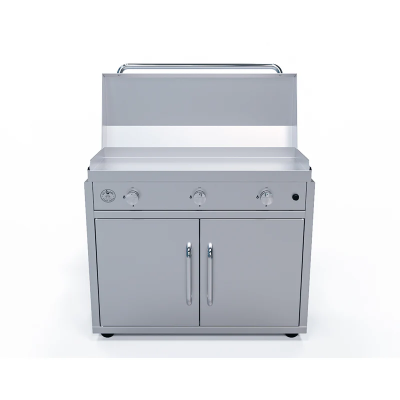 Stainless steel outdoor grill with two doors on a white background