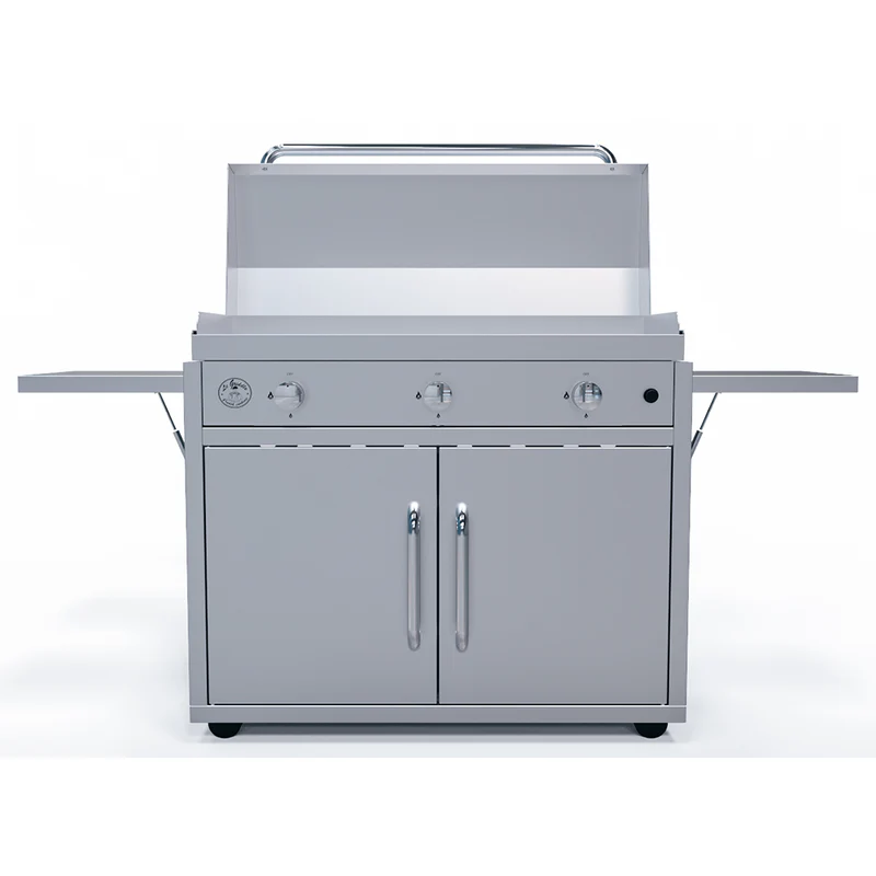 Gray barbecue grill with storage cabinets on a white background