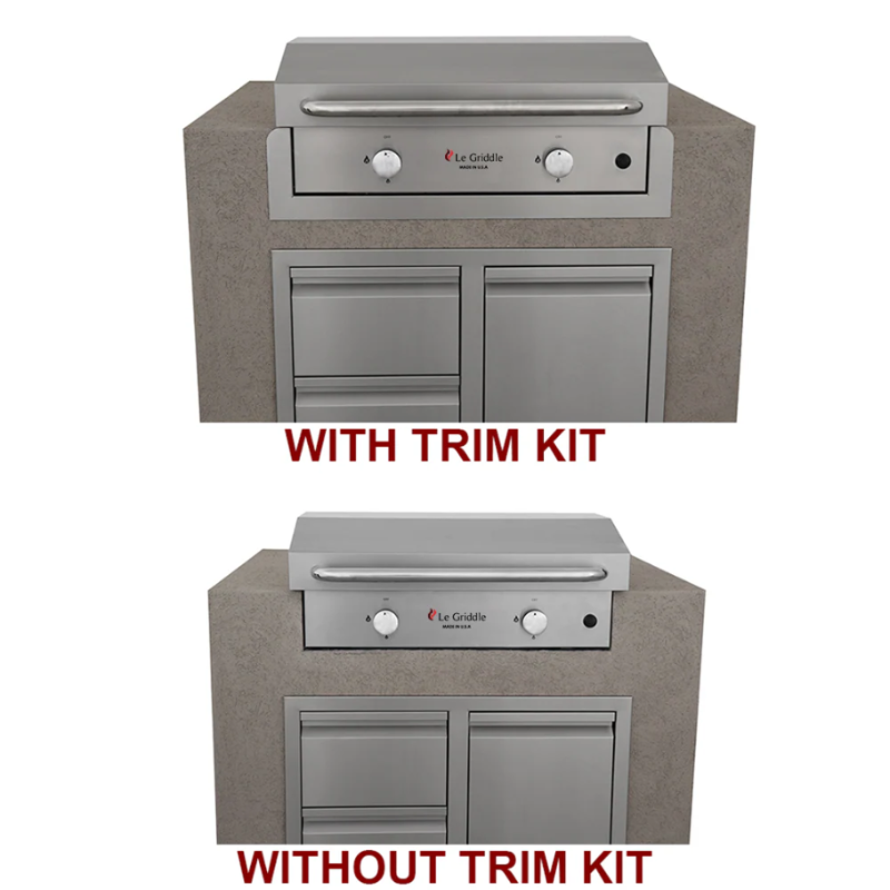 Outdoor grill with and without trim kit on a white background