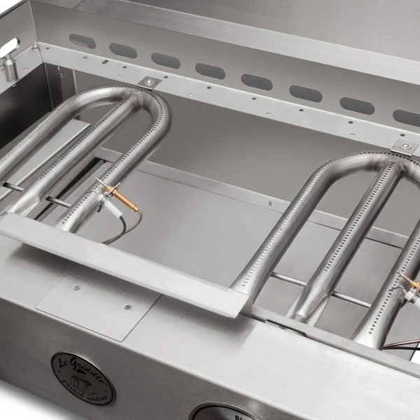 Close-up of the temperature control knob on the Ranch Hand Griddle, reflecting the durable stainless steel design.