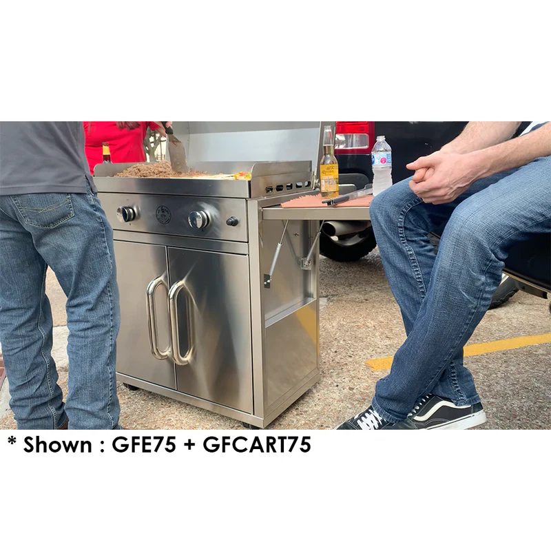 Stainless steel outdoor grill with people around, showing model numbers GFE75 and GFCART75.