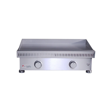 Stainless steel griddle with brand logo on a white background