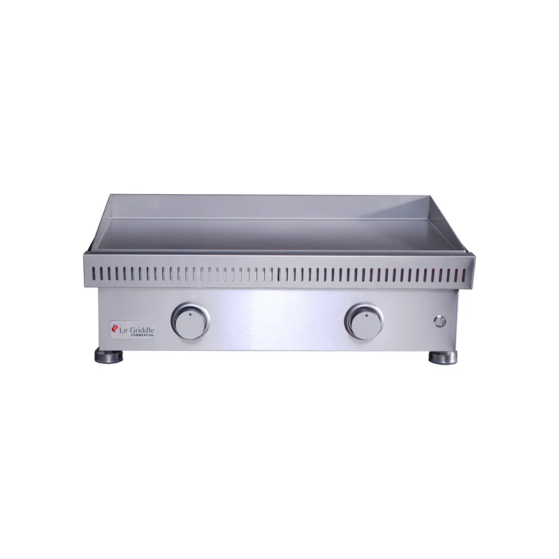 Stainless steel griddle with brand logo on a white background