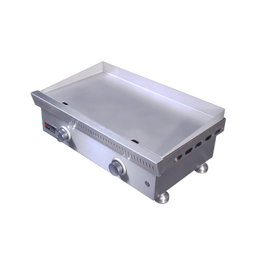 Stainless steel griddle with control knobs on a white background