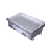 Stainless steel griddle with control knobs on a white background
