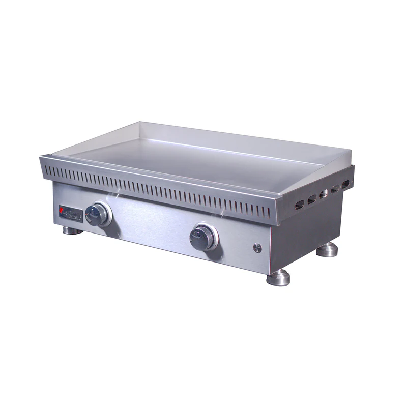 Stainless steel griddle on a white background